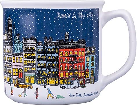 Tivoli Tazza Colazione in New Bone China 350 ml, Xmas & The City, Blu + Bianco, Medium