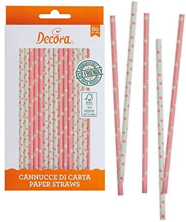 Decora -Stars & Pois Confezione da 80 Cannucce Stars&Pois Pink Ø 6 X 210 mm, in carta biodegradabile, con inchiostro ad acqua, per dare colore ai tuoi party, KB2B1