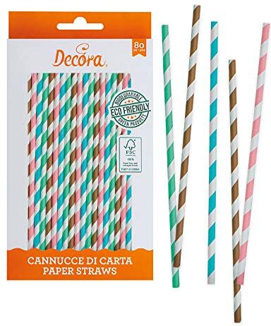 Decora Confezione da 80 Cannucce Stripes Ø 6 X 210 mm, in carta biodegradabile, con inchiostro ad acqua, per dare colore ai tuoi party