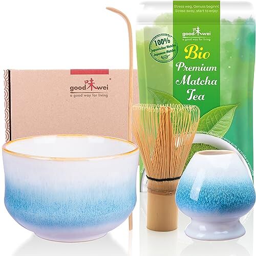 Goodwei Set cerimonia del tè con ciotola Matcha di alta qualità e vero Matcha biologico dal Giappone (Rindō),