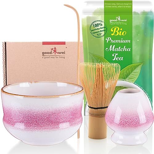 Goodwei Set cerimonia del tè con ciotola Matcha di alta qualità e vero Matcha biologico dal Giappone (Kiku),