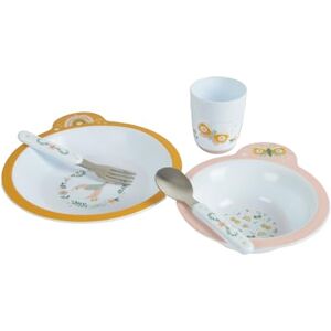 BEBE DOUCEUR , Set da pranzo 5 pezzi con piatto + ciotola + bicchiere + posate in acciaio inox Fantasy Garden BEBE DOUCEUR , Set da pranzo 5 pezzi con piatto + ciotola + bicchiere + posate in acciaio inox Fantasy Garden