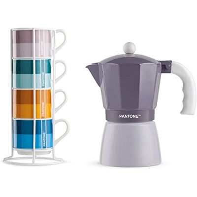 Egan Set 4 Tazze Caffè Impil. con Metalrack Pantone Linear + Moka Viola 6 tazzine Egan Set 4 Tazze Caffè Impil. con Metalrack Pantone Linear + Moka Viola 6 tazzine