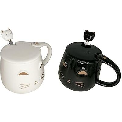 lachineuse Set di 2 tazze Kawaii Cat 450ml Tazza Cat con coperchio e cucchiaio Colori ceramica bianco e nero Mug per infusione, tè, caffè Tazza giapponese originale Idea regalo asiatica lachineuse Set di 2 tazze Kawaii Cat 450ml Tazza Cat con coperchio e cucchiaio Colori ceramica bianco e nero Mug per infusione, tè, caffè Tazza giapponese originale Idea regalo asiatica