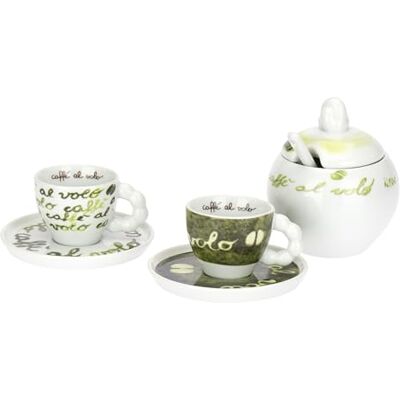 THUN Set 2 Tazzine con Piattino e Zuccheriera, Collezione Caffè al VoloD6,7x5,25H 85cc D12/ 10,25 x 9,60H 370 cc THUN Set 2 Tazzine con Piattino e Zuccheriera, Collezione Caffè al VoloD6,7x5,25H 85cc D12/ 10,25 x 9,60H 370 cc