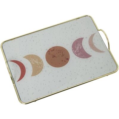 DRW Vassoio rettangolare con manici in metallo e vetro con lune bianche e rosa 35x20x5cm DRW Vassoio rettangolare con manici in metallo e vetro con lune bianche e rosa 35x20x5cm