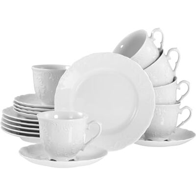 Creatable , Serie Rococò Bianco Set di stoviglie da 18 pezzi per 6 persone, servizio da caffè in porcellana, lavabile in lavastoviglie e microonde, Made in Europe Creatable , Serie Rococò Bianco Set di stoviglie da 18 pezzi per 6 persone, servizio da caffè in porcellana, lavabile in lavastoviglie e microonde, Made in Europe