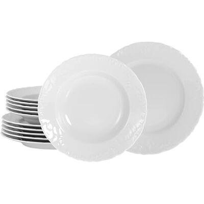 Creatable , Serie Rococò Bianco Set di stoviglie da 12 pezzi per 6 persone, servizio da tavola in porcellana, lavabile in lavastoviglie e microonde, Made in Europe Creatable , Serie Rococò Bianco Set di stoviglie da 12 pezzi per 6 persone, servizio da tavola in porcellana, lavabile in lavastoviglie e microonde, Made in Europe