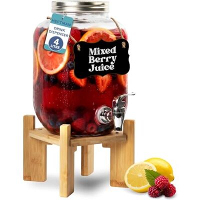 HEFTMAN Distributore di bevande in vetro con rubinetto, 4 litri, vuoto, con robusto supporto in bambù, per acqua, succhi, cocktail, limonata HEFTMAN Distributore di bevande in vetro con rubinetto, 4 litri, vuoto, con robusto supporto in bambù, per acqua, succhi, cocktail, limonata