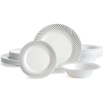 Matana 96 Pezzi Piatti e Ciotole in Plastica Bianca con Bordo Argento 32 Piatti Piani, 32 Piattini, 32 Ciotole Stoviglie Elegante e Riutilizzabile per Feste, Matrimoni, Compleanni, Picnic Matana 96 Pezzi Piatti e Ciotole in Plastica Bianca con Bordo Argento 32 Piatti Piani, 32 Piattini, 32 Ciotole Stoviglie Elegante e Riutilizzabile per Feste, Matrimoni, Compleanni, Picnic