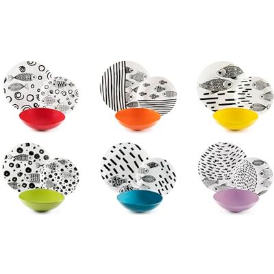 Excelsa Black Fishes Servizio Piatti 18 Pezzi, Porcellana e Stoneware, Decoro Multicolore, 6 Persone Excelsa Black Fishes Servizio Piatti 18 Pezzi, Porcellana e Stoneware, Decoro Multicolore, 6 Persone