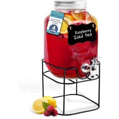 HEFTMAN Dispenser per bevande in vetro con rubinetto, barattolo da 4 litri, con rubinetto a tenuta stagna e supporto in filo metallico HEFTMAN Dispenser per bevande in vetro con rubinetto, barattolo da 4 litri, con rubinetto a tenuta stagna e supporto in filo metallico