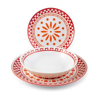 H&H Servizio Tavola Kora 18 Pezzi in Porcellana Decorata Piatti Piani, Fondi e Frutta con Decorazioni Rosse e Arancioni Adatto Lavastoviglie e Microonde, Idea Regalo Perfetta H&H Servizio Tavola Kora 18 Pezzi in Porcellana Decorata Piatti Piani, Fondi e Frutta con Decorazioni Rosse e Arancioni Adatto Lavastoviglie e Microonde, Idea Regalo Perfetta