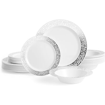 Matana 75 Pezzi Piatti e Ciotole in Plastica Bianca con Bordo Argento 25 Piatti Piani, 25 Piattini, 25 Ciotole Stoviglie Elegante e Riutilizzabile per Feste, Matrimoni, Compleanni, Picnic Matana 75 Pezzi Piatti e Ciotole in Plastica Bianca con Bordo Argento 25 Piatti Piani, 25 Piattini, 25 Ciotole Stoviglie Elegante e Riutilizzabile per Feste, Matrimoni, Compleanni, Picnic
