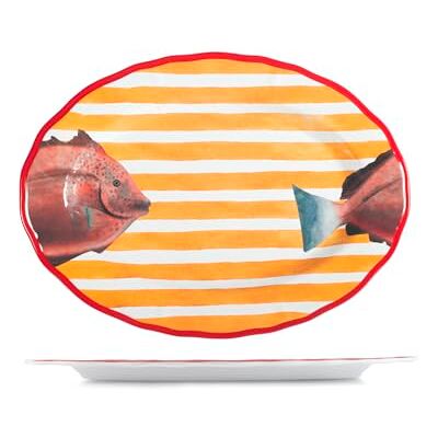 H&H , Piatto ovale Marea, in melamina decorata Ø 46 cm- Righe Bianche e Gialle, Bordo e Decoro Pesce Rosso Lavabile in lavastoviglie. H&H , Piatto ovale Marea, in melamina decorata Ø 46 cm- Righe Bianche e Gialle, Bordo e Decoro Pesce Rosso Lavabile in lavastoviglie.