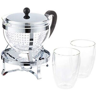 Bodum Chambord Set teiera Rechaud da 1,3 Litri, con 2 Bicchieri a Doppia Parete, 16,8 x 23,1 x 22,3 cm Bodum Chambord Set teiera Rechaud da 1,3 Litri, con 2 Bicchieri a Doppia Parete, 16,8 x 23,1 x 22,3 cm