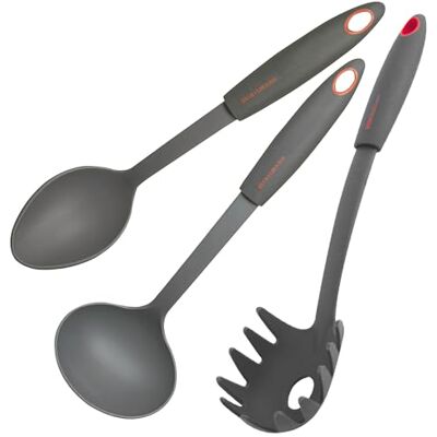 Fackelmann Set di mestoli da cucina 3 pezzi, mestoli da cucina resistenti al calore fino a 200 °C, cucchiaio, mestolo e cucchiaio servispaghetti, Linea Red Fackelmann Set di mestoli da cucina 3 pezzi, mestoli da cucina resistenti al calore fino a 200 °C, cucchiaio, mestolo e cucchiaio servispaghetti, Linea Red