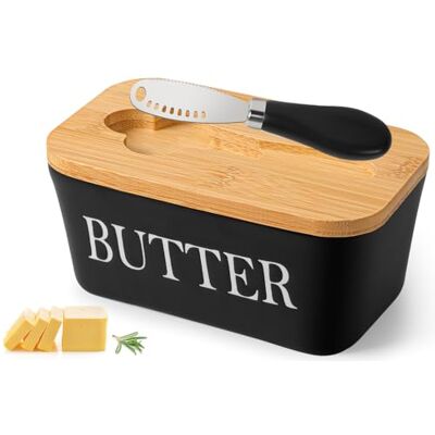 Wexoma Burriera in Ceramica, Portaburro con Coperchio in Legno e Coltello da Burro, Porta Burro da Frigorifero 250 g, Grande Vassoio per Burro, per Cucine Domestiche, Ristoranti (Nero) Wexoma Burriera in Ceramica, Portaburro con Coperchio in Legno e Coltello da Burro, Porta Burro da Frigorifero 250 g, Grande Vassoio per Burro, per Cucine Domestiche, Ristoranti (Nero)