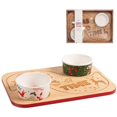 H&H Natale Set Antipastiera 2 Coppe Porcellana, Base Bambù, 28X20cm H&H Natale Set Antipastiera 2 Coppe Porcellana, Base Bambù, 28X20cm