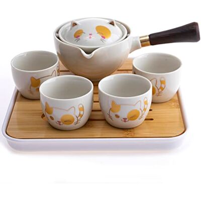 lachineuse Set da tè giapponese a forma di gatto kawaii con teiera, 4 tazze di porcellana, vassoio, borsa per il trasporto Idea regalo a forma di gatto giapponese Stoviglie asiatiche lachineuse Set da tè giapponese a forma di gatto kawaii con teiera, 4 tazze di porcellana, vassoio, borsa per il trasporto Idea regalo a forma di gatto giapponese Stoviglie asiatiche