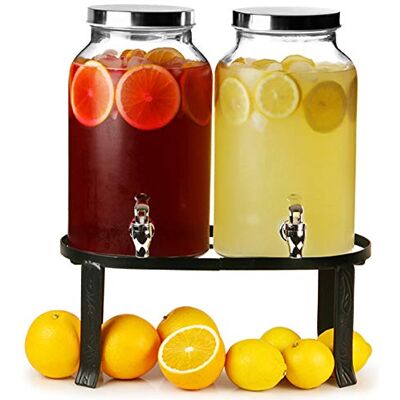 bar@drinkstuff , doppio dispenser per bibite, con supporto, per 10 l, in vetro, con design a vasetto, dispenser succo o cocktail bar@drinkstuff , doppio dispenser per bibite, con supporto, per 10 l, in vetro, con design a vasetto, dispenser succo o cocktail