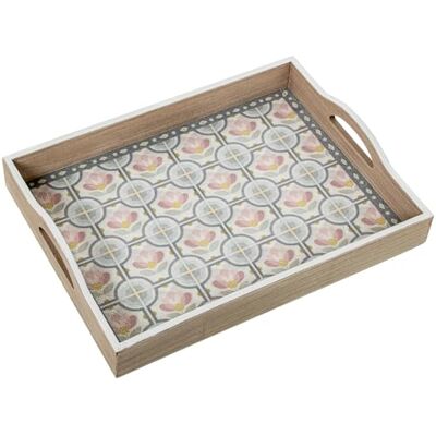 DRW Vassoio in legno decorato con piastrelle fiori in naturale e blu 40x30x7 cm DRW Vassoio in legno decorato con piastrelle fiori in naturale e blu 40x30x7 cm