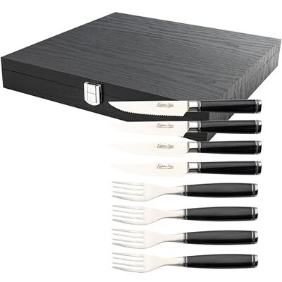 Katana Saya Pakkawood Set di 8 coltelli e forchette da bistecca, acciaio inossidabile giapponese VG-10 Damasco a 67 strati, manico in Pakkawood, coltello da cucina Katana Saya Pakkawood Set di 8 coltelli e forchette da bistecca, acciaio inossidabile giapponese VG-10 Damasco a 67 strati, manico in Pakkawood, coltello da cucina