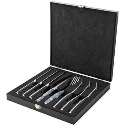 Katana Saya Set di 8 coltelli e forchette da bistecca Pearl Acciaio Damasco VG-10 ad alto tenore di carbonio per estrema resistenza e affilatura Manico in acrilico con motivo Abalone Katana Saya Set di 8 coltelli e forchette da bistecca Pearl Acciaio Damasco VG-10 ad alto tenore di carbonio per estrema resistenza e affilatura Manico in acrilico con motivo Abalone