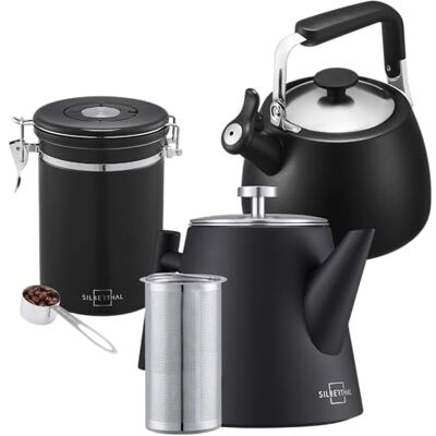 SILBERTHAL Set bollitore fischiante 2,8L inox e barattolo cucina Acciaio inox Teiera termica e barattolo da cucina per la conservazione Bollitore fischiante per gas e induzione SILBERTHAL Set bollitore fischiante 2,8L inox e barattolo cucina Acciaio inox Teiera termica e barattolo da cucina per la conservazione Bollitore fischiante per gas e induzione