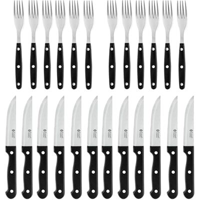 Russell Hobbs Set da 24 pezzi di forchette e coltelli da bistecca, servizio da 6, forchette e coltelli con lame in acciaio inox, coltelli seghettati e affilati, manici ergonomici, nero Russell Hobbs Set da 24 pezzi di forchette e coltelli da bistecca, servizio da 6, forchette e coltelli con lame in acciaio inox, coltelli seghettati e affilati, manici ergonomici, nero