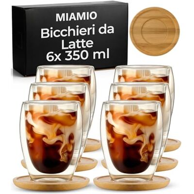 MIAMIO Set di 6 bicchieri latte macchiato/bicchieri termici a doppia parete/senza manico/con piattino/bicchieri da cappuccino/pareti spesse/in vetro borosilicato (350 ml) MIAMIO Set di 6 bicchieri latte macchiato/bicchieri termici a doppia parete/senza manico/con piattino/bicchieri da cappuccino/pareti spesse/in vetro borosilicato (350 ml)