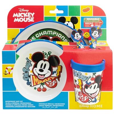 Stor Set di stoviglie per bambini riutilizzabili antiscivolo con base in silicone bicolore composto da piatto, ciotola, bicchiere e posate in scatola Topolino Stor Set di stoviglie per bambini riutilizzabili antiscivolo con base in silicone bicolore composto da piatto, ciotola, bicchiere e posate in scatola Topolino