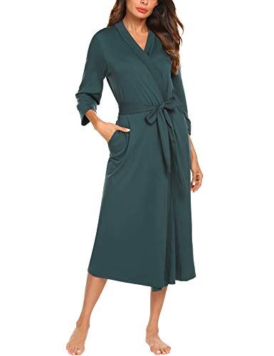 UNibelle Vestaglia Lunga da Donna Manica a 3/4 Kimono Donna con Cintura Scollo a V Accappatoio con 2 Tasche Verde Scuro XXL