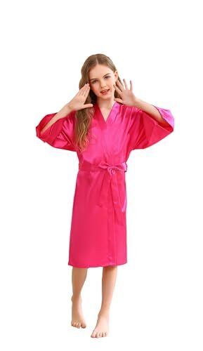 CuteOn Bambini bambini Raso Seta Kimono Accappatoio Vestaglia Accappatoio Indumenti da notte per terme Nozze Compleanno Vestito da festa Rosa Rosso Dimensione 8 (Altezza 100-115cm)