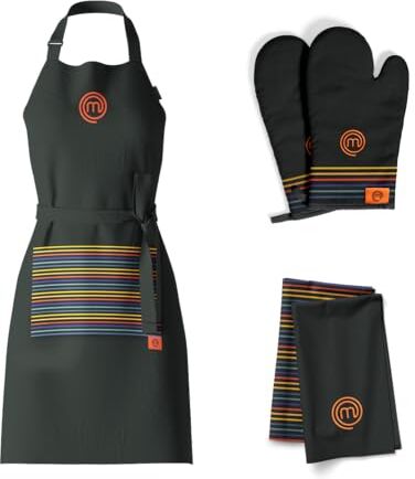 MasterChef Set di Strofinacci Cucina, Grembiule et Guanti Cucina, 100% Cotone, Motivo a Righe Multicolore, Lavabile in Lavatrice, Resistente al Calore, Logo Ricamato, Regalo Ideale