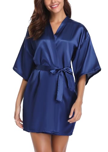 Vlazom Kimono in Raso da Donna, Accappatoi e Vestaglie Satin Sexy Pigiama Kimono Scollo V con Tasche Cintura per Sposa Camicia da Notte,XXL,Blu Scuro