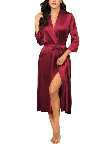 Ekouaer Kimono Donna Vestaglie di Seta da Donna Lunghe Damigella d'Onore Festa di Nozze Vestaglie in Raso Indumenti da Notte con Tasche Accappatoio Donna, Rosso, XL