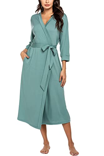 UNibelle Vestaglia Lunga da Donna Manica a 3/4 Kimono Donna con Cintura Scollo a V Accappatoio con 2 Tasche Verde Chiaro XL