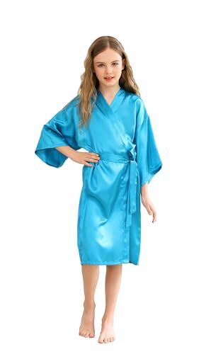 CuteOn Bambini bambini Raso Seta Kimono Accappatoio Vestaglia Accappatoio Indumenti da notte per terme Nozze Compleanno Vestito da festa Pavone blu Dimensione 10 (Altezza 115-130cm)