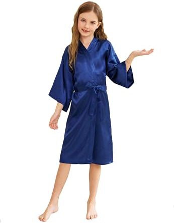 CuteOn Bambini bambini Raso Seta Kimono Accappatoio Vestaglia Accappatoio Indumenti da notte per terme Nozze Compleanno Vestito da festa Blu scuro Dimensione 14 (Altezza 145-160cm)