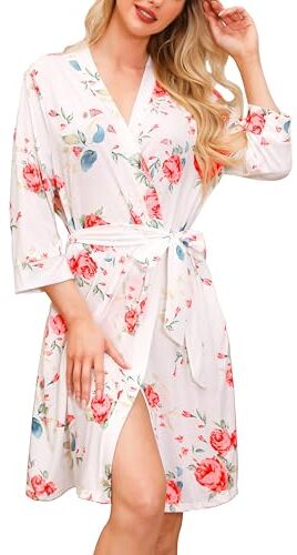 Lovasy Accappatoio Corto da Donna Stampato Vestaglie Morbido e Leggero Abiti kimono in Maglia Lunghezza del Ginocchio Loungewear con Scollo a V e Cintura B Bianco Fiore L