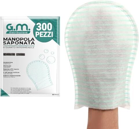 Generic GM 300 PEZZI Manopole Saponate Monouso, Impermeabili all'interno, Con Soffice Spugna Esterna. Guanti Saponati Monouso Delicatamente Profumati, Senza Risciacquo, Guanti Saponati per Anziani Monouso