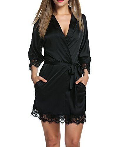 Balancora Vestaglia da donna Accappatoio in raso Kimono sexy con tasche Vestaglia corta con cintura Camicia da notte per pigiameria da sposa con pizzo Nero XL