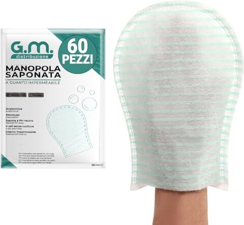 Generic GM 60 PEZZI Manopole Saponate Monouso, Impermeabili all'interno, Con Soffice Spugna Esterna. Guanti Saponati Monouso Delicatamente Profumati, Senza Risciacquo, Guanti Saponati per Anziani Monouso