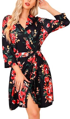 Lovasy Accappatoio Corto da Donna Stampato Vestaglie Morbido e Leggero Abiti kimono in Maglia Lunghezza del Ginocchio Loungewear con Scollo a V e Cintura B Nero Fiore L