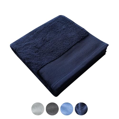 Jean & Len Asciugamano da doccia in 100% cotone biologico, di colore blu scuro, con gancio, certificato Oeko-TEX e GOTS, design moderno e senza tempo, asciugamano da doccia 70 x 140 cm