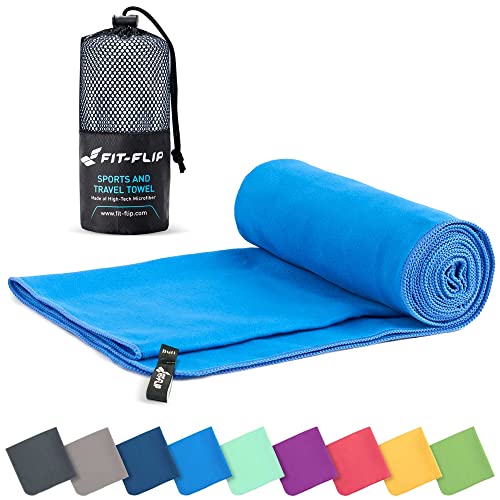 Fit-Flip Asciugamano microfibra asciugamano palestra compatto e ultraleggero asciugamani microfibra il perfetto telo mare microfibra grande per viaggio e sport (90x180cm blu + borsa)