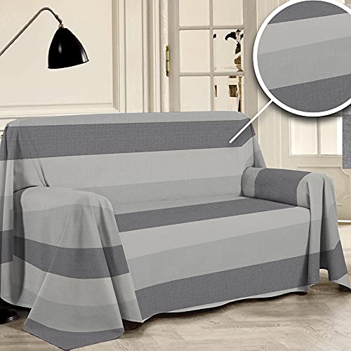 PENSIERI DELICATI Telo Copridivano 360 x 290 cm Made in Italy, Telo Copritutto 100% Cotone Puro Riciclato Tinto in Filo, Fantasia Fascia Grigio, Ideale Come Telo Arredo, Salva Divano, Coperta Picnic