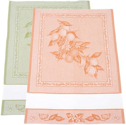 Filet Set di 2 Canovacci per Cucina in Jacquard con Inserto in Tela Aida 55 Fori da Ricamare, Ideali per Asciugare le Stoviglie, Made in Italy, Disegno Limoni, Colore Arancione e Verde