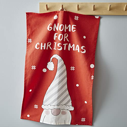 Catherine Lansfield Dining Christmas Gnomes Coppia di strofinacci in cotone, 50 x 70 cm, colore: grigio/rosso